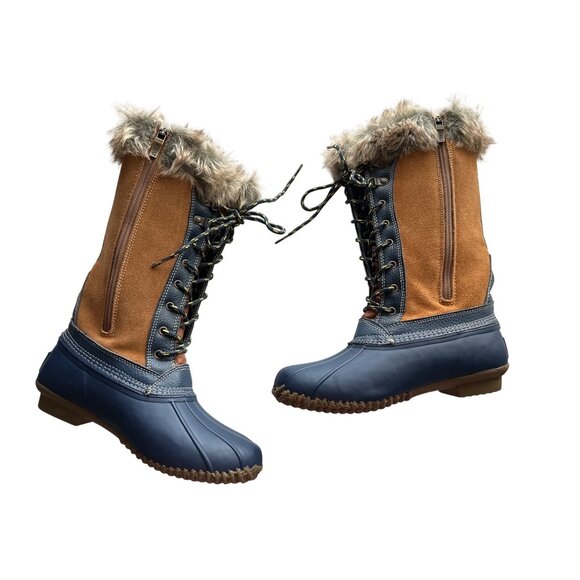 Sporto Duck Lace Up Boots Leather Tan Navy Faux Fur Lined Waterproof Zip Size 7 - Picture 2 of 8